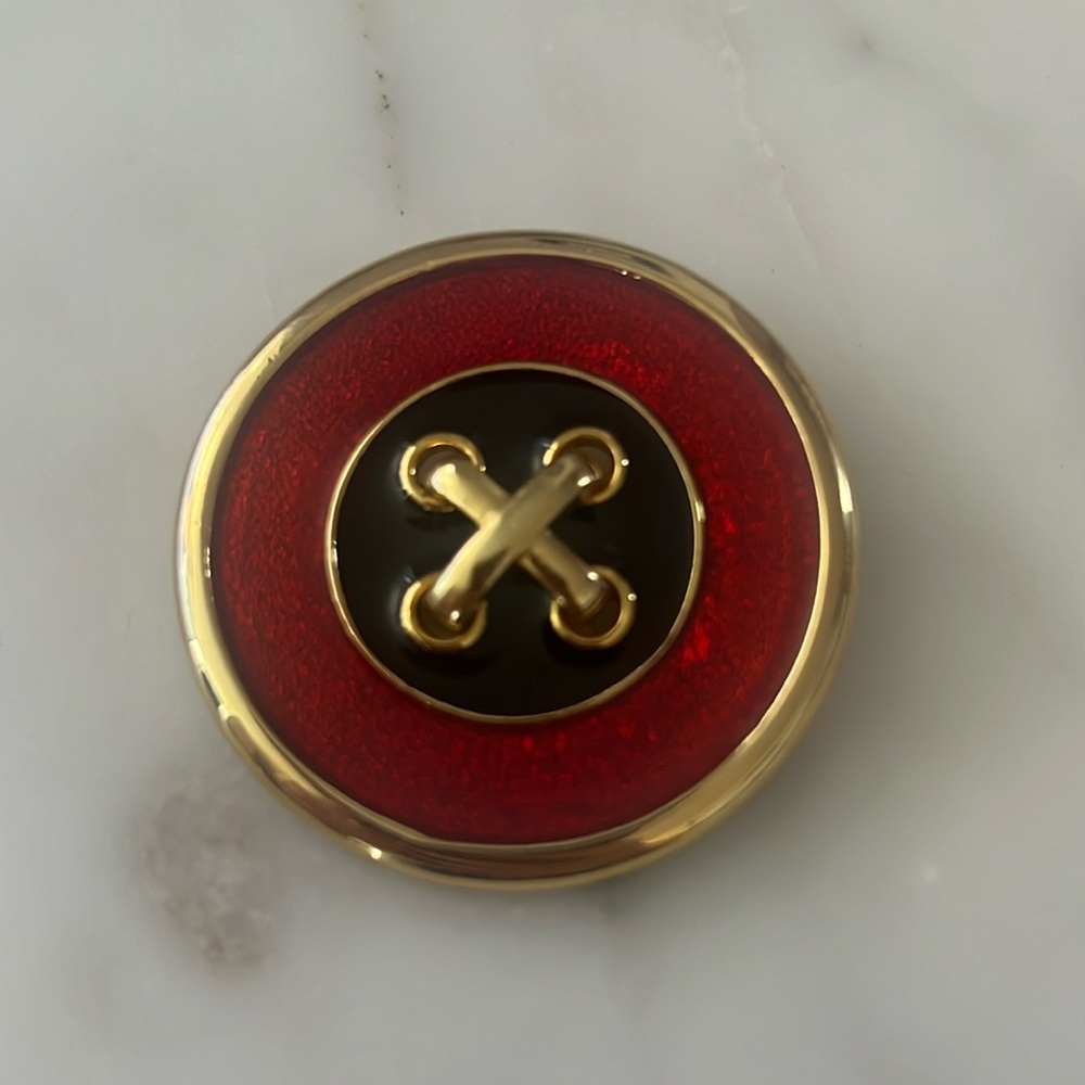 Vintage CRAFT Signed Oversized Button Brooch Red Gold Black